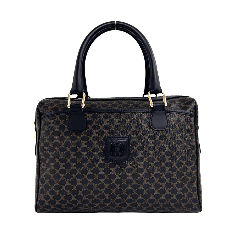 CELINE Vintage Macadam Blazon Pattern Leather Handbag Mini Boston Bag Black B...